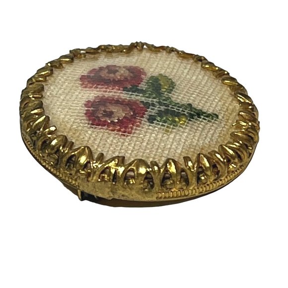 Vintage Petit Point Floral Brooch Round Gold-Tone Pink & White - Picture 5 of 7